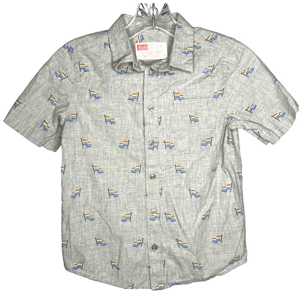 Button Up Collared‎ Shirt, Gray Pride Rainbow Flags Size S - 6/7 Kid's Youth Boy